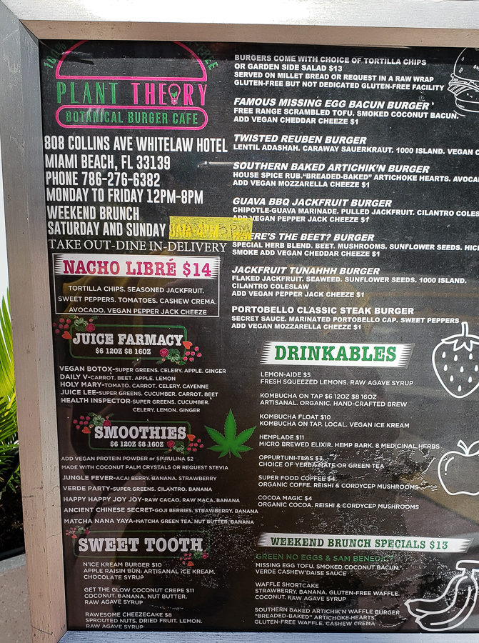 Menu of Plant Theory Vegan Cafe Miami Beach