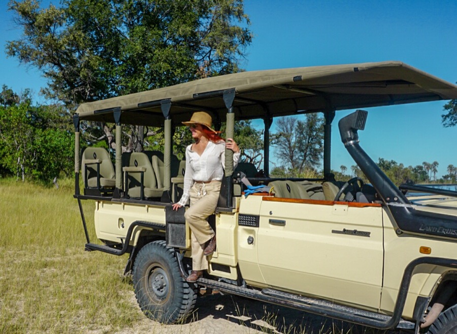 Girl in Safari Land Rover in Botwsana