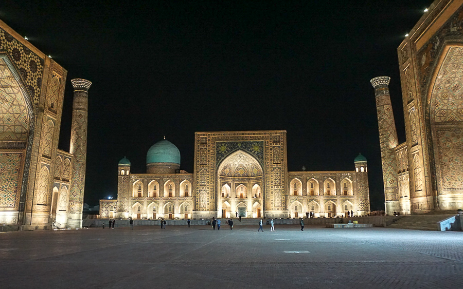 Ancient Tiled Mosque Lit at Night in Samarkand Uzbekistan