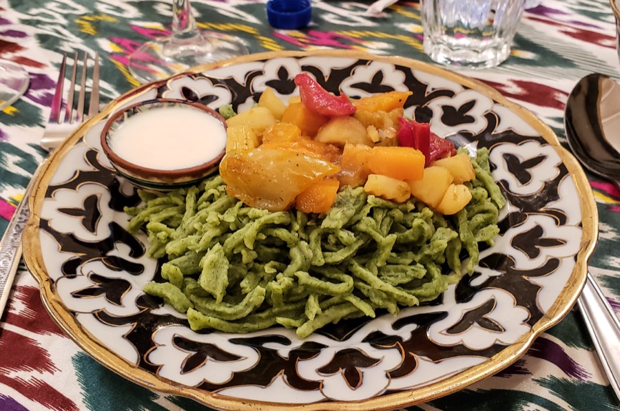 Local Green Noodle Dish from Uzbekistan. Tips for visiting Uzbekistan