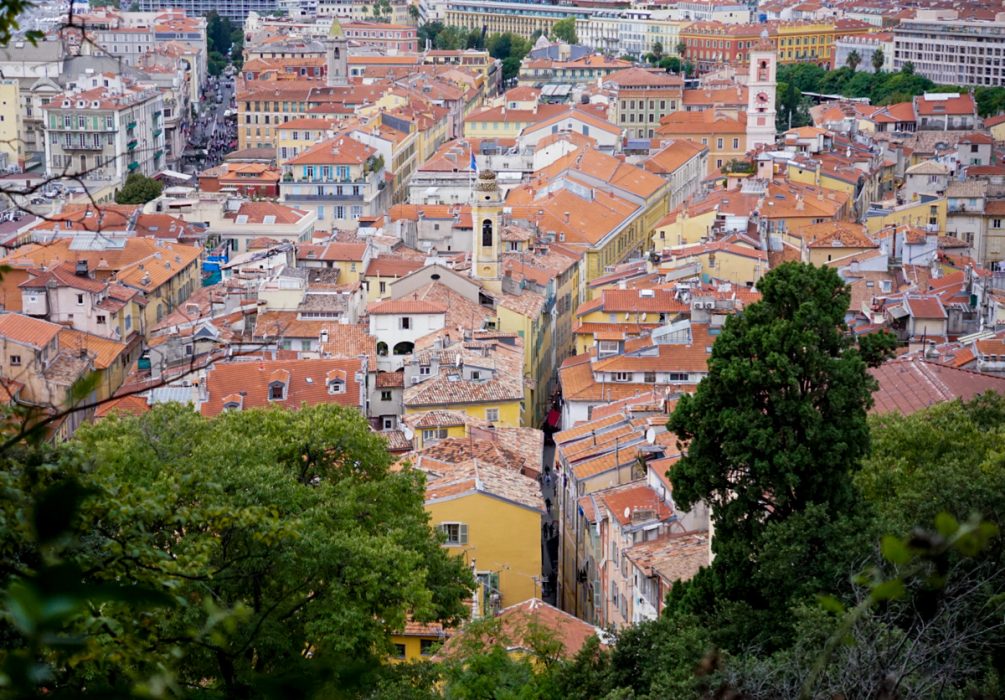 View from above of red roofs houses in Nice, France