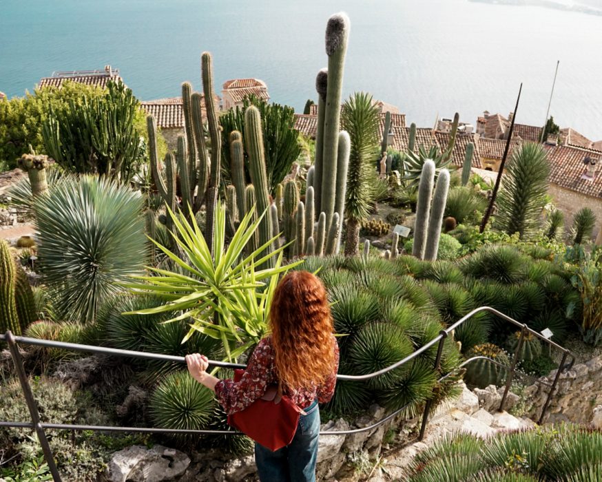 woman with red hair looks down at garden with cactus and exotic plants in southern France